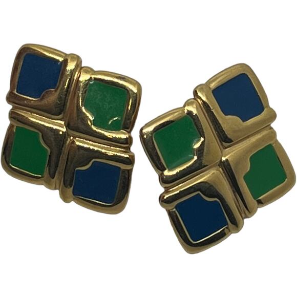 Vintage Monet Gold Clip-On Earrings with Green & Blue Enamel Diamond Shape 1980s - Picture 5 of 9